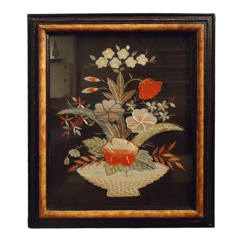 19thc Silk Hand Sewn Needlework In Custom Made Frame