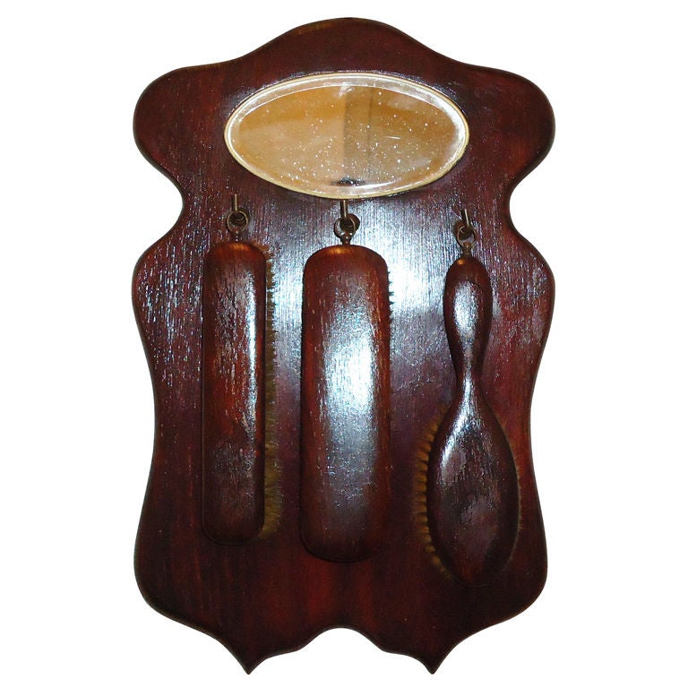 19thc Wall Hanging Bathroom Brush Set W/original  Mirror Plaque