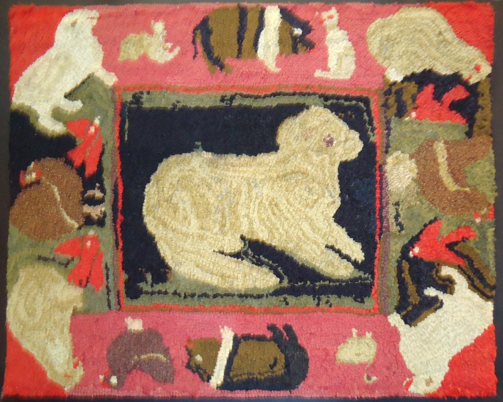 This folky and unusual pictorial farm animal rug is mounted on board and is in great condition. It is so unusual to find so many different animals on one rug. This is from a private collection and originally comes from dealer and collector Jackie