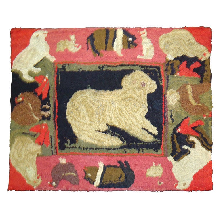 Folky Pictorial Mounted Hand-Hooked Rug from Pennsylvania