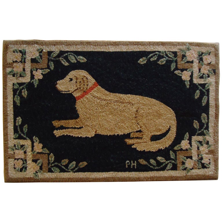 Fantastic Mounted Hand Hooked Dog Rug at 1stDibs