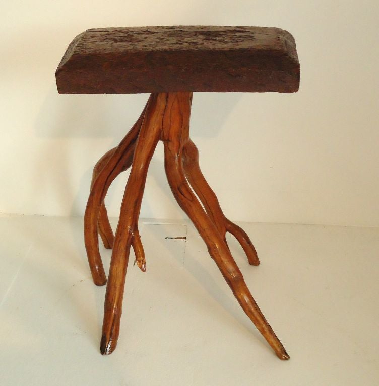 Folky 19thc Twig Bench W/ Thick Plank Top