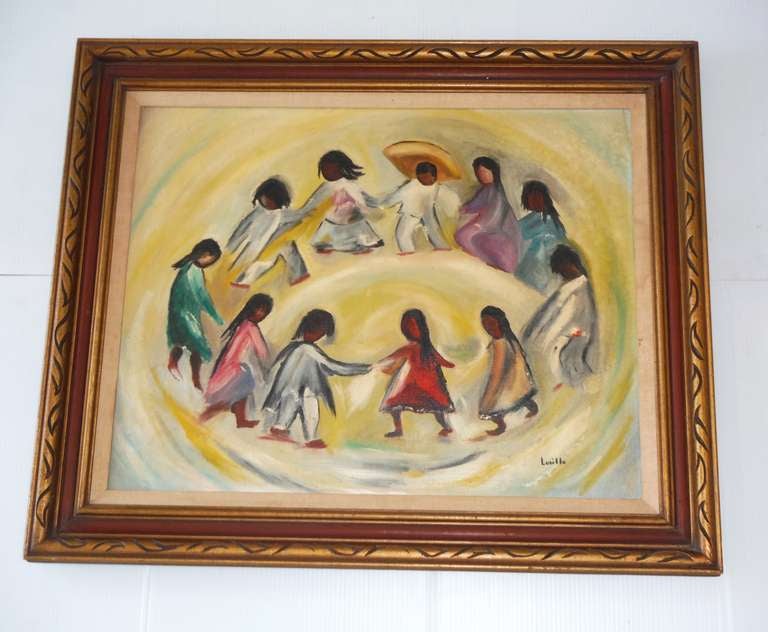 American Signed Lucille Oil On Canvas  Indian Children Dancing