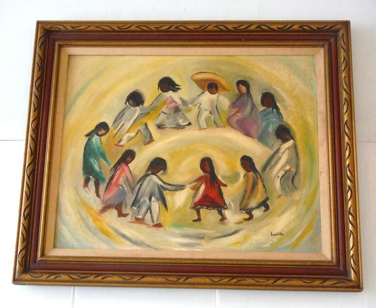 This charming oil on canvas of the little Indian children and Mexican kids are dancing in a circle .The entire oil painting on canvas is done in a abstract circular motion .The condition is very good and the wood frame appears to be original to the