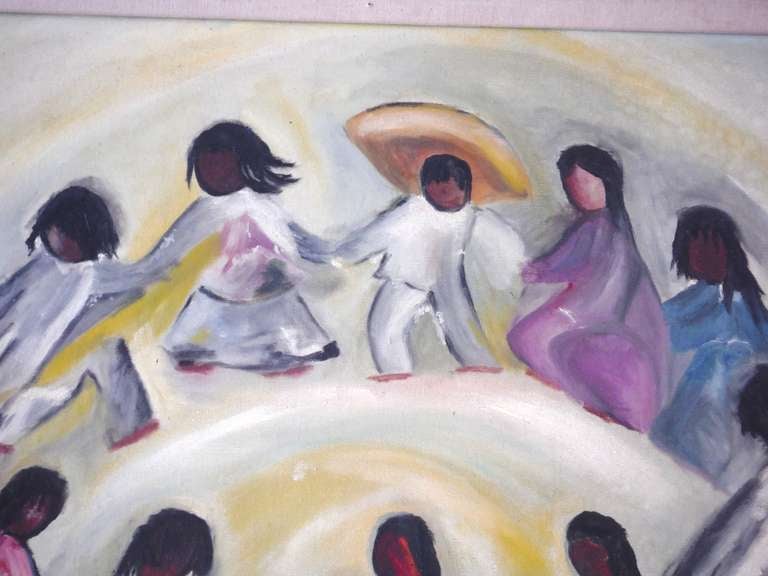 Mid-20th Century Signed Lucille Oil On Canvas  Indian Children Dancing
