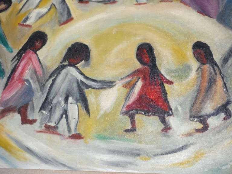 Signed Lucille Oil On Canvas  Indian Children Dancing 1
