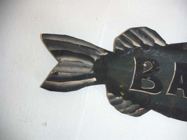 Amazing Original Painted Tin Bait Sign From New England In Distressed Condition In Los Angeles, CA