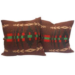 Wool Early Pendleton Indian Design Camp Blanket  Pillows, Pair