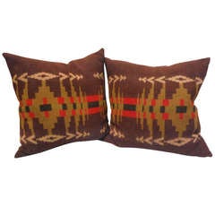Used Early Wool Pendleton Indian Design Camp Blanket Pillows,Pair