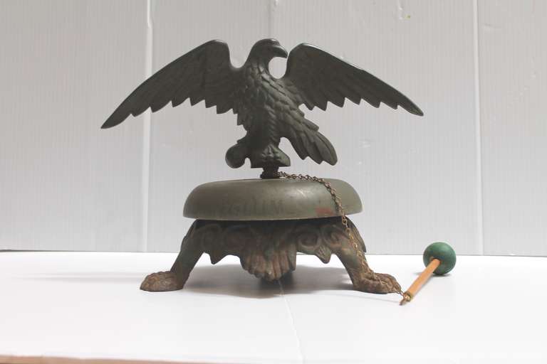 19th Century Large Bell on Iron Base with Bronze Eagle on Top In Distressed Condition In Los Angeles, CA