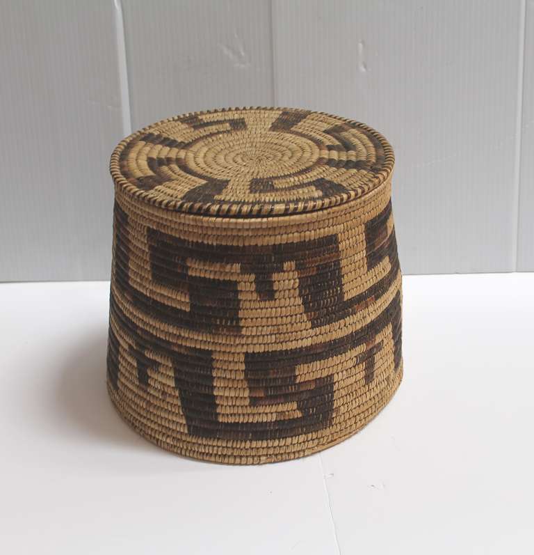 American Rare Lided Papago Indian Pictorial  Storage Basket