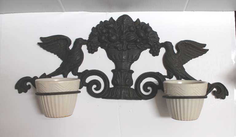 American 19th Century Iron Wall Mount Planter with Birds and Urn