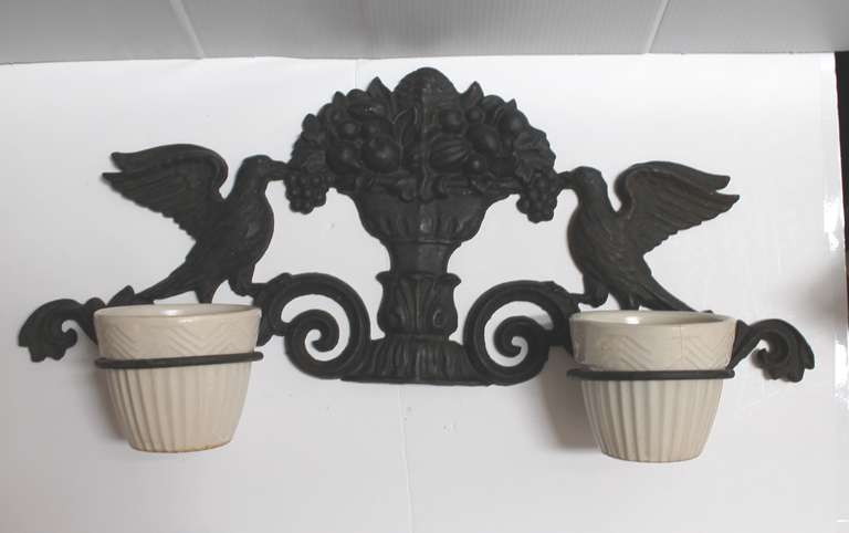 19th Century Iron Wall Mount Planter with Birds and Urn In Excellent Condition In Los Angeles, CA