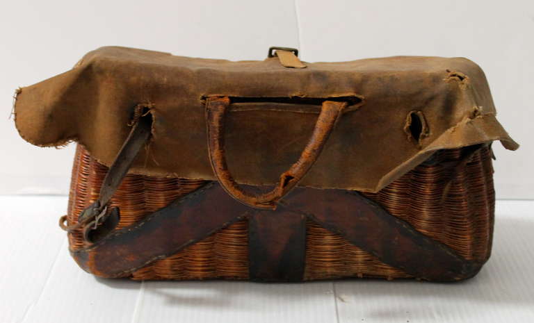 Early 20th Century Creel  Basket W/ Leather Trim In Good Condition In Los Angeles, CA