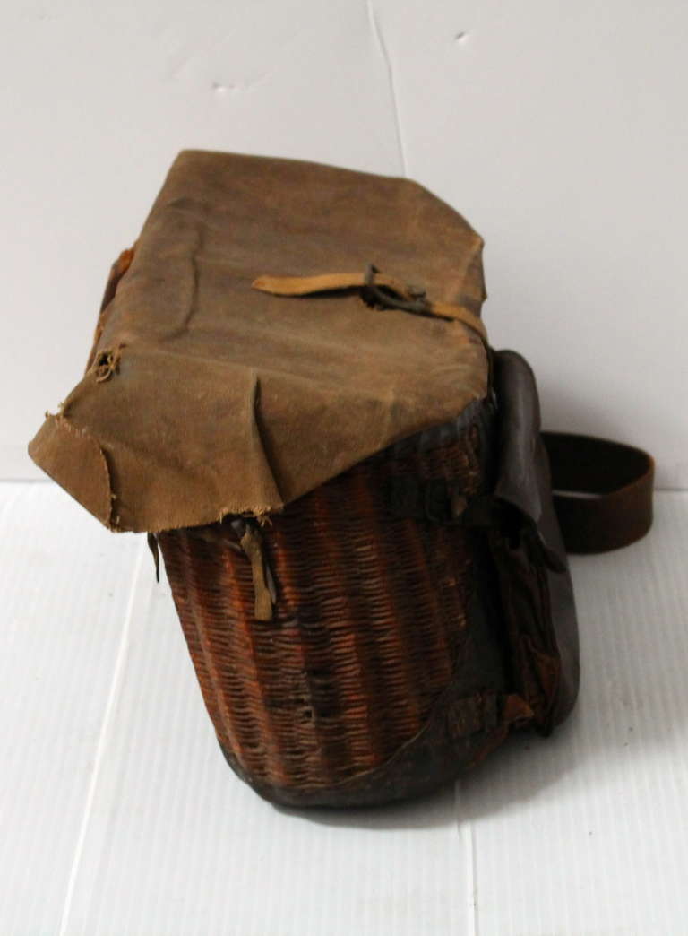 Canvas Early 20th Century Creel  Basket W/ Leather Trim