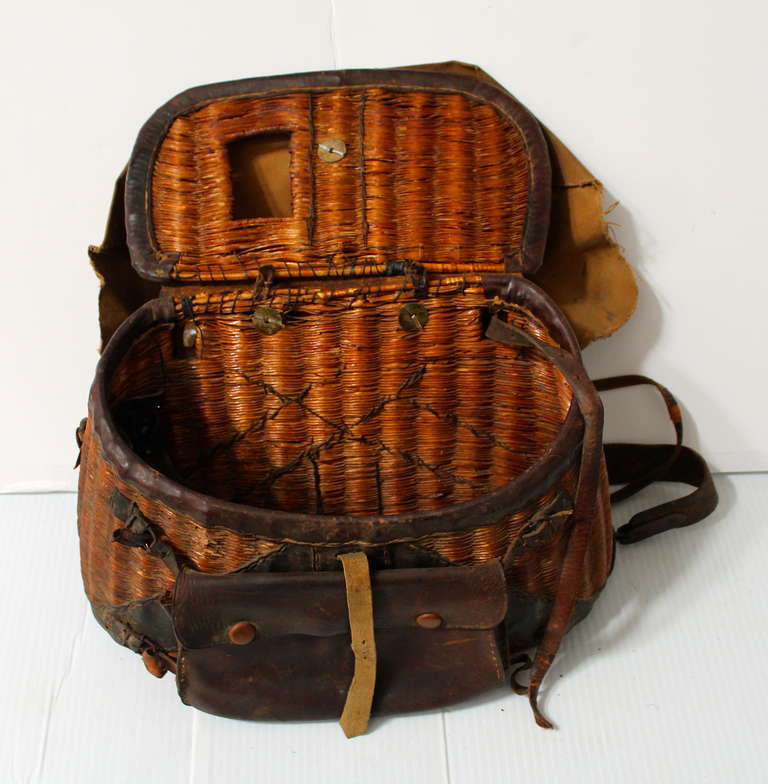 Early 20th Century Creel  Basket W/ Leather Trim 1