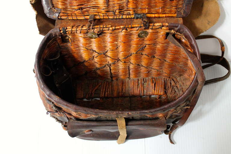 Early 20th Century Creel  Basket W/ Leather Trim 2