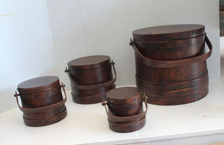 Set of Four 19th Century Matching, Stackable Firkin Buckets In Excellent Condition In Los Angeles, CA
