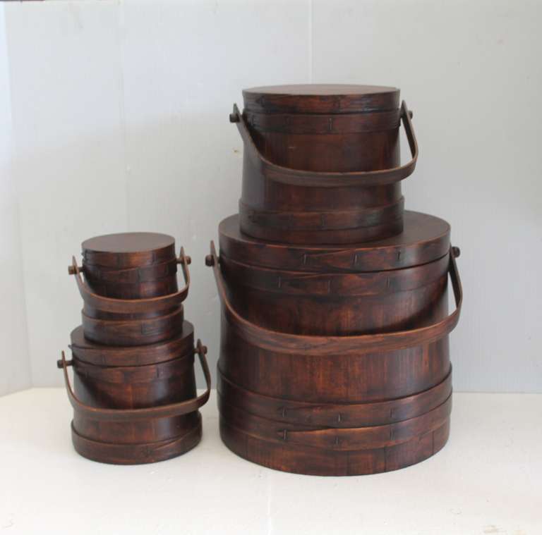 Set of Four 19th Century Matching, Stackable Firkin Buckets 1