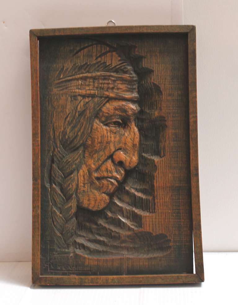 American Signed & Dated 1946 Hand Carved Wood Folk Art Indian Chief