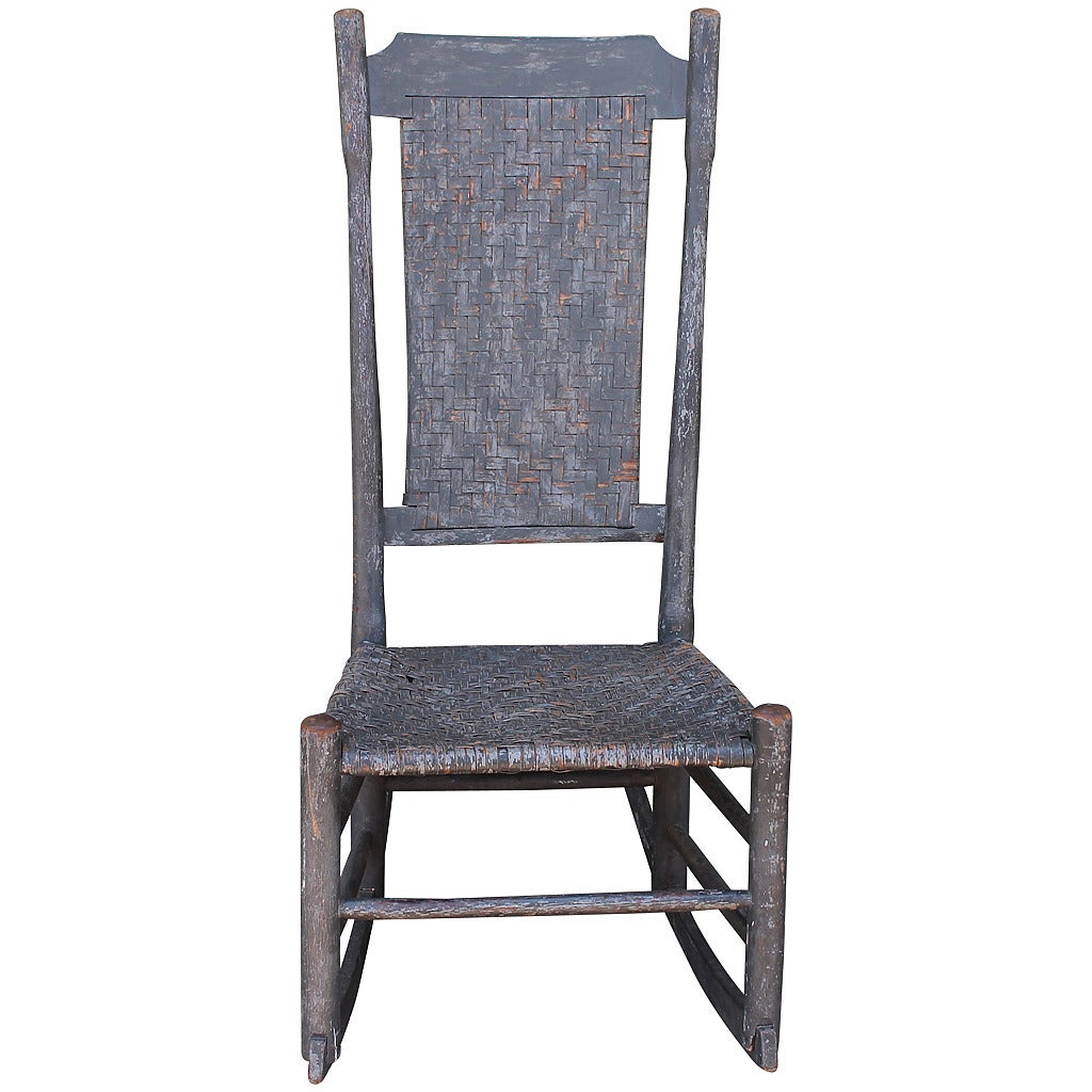 Early 19th Century Original Grey Painted N.E. Tall Back Rocking Chair For Sale