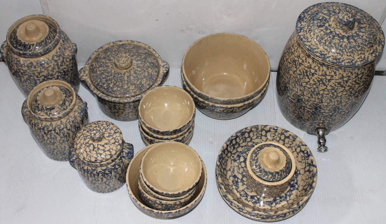 Rare set of late 19th century spongeware this complete set comes with 19 pieces. It is very difficult to find a complete set in such great condition. All items have been inspected and are in pristine condition. These items have minor wear consistent