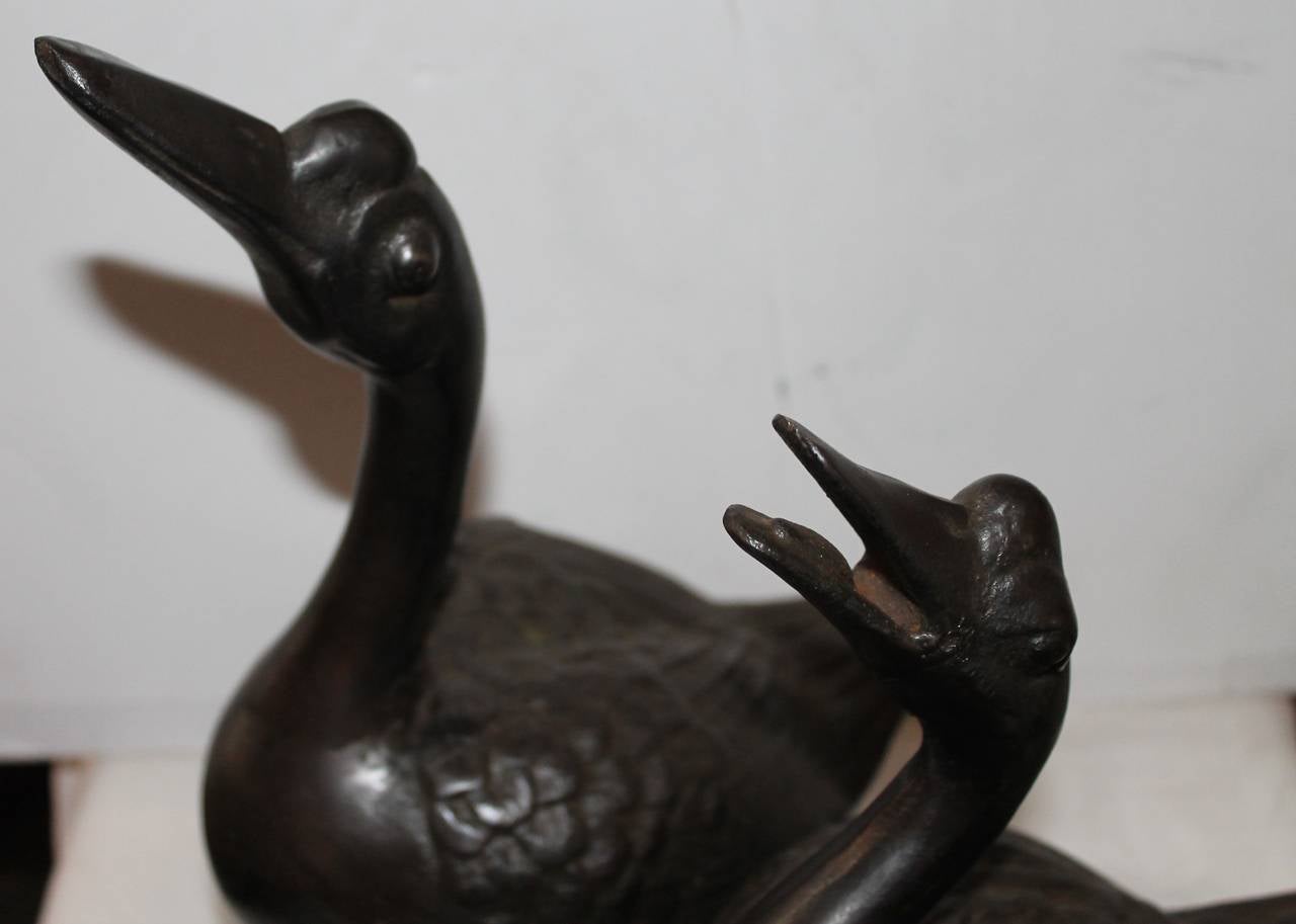 Two cast iron folky 19th century ducks with a wonderful aged patina. The birds have no makers mark but are in very good condition. The smaller of the two has its mouth opened and larger has its mouth closed. Selling as a pair.