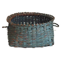 19thc Original Blue Painted Double Handled Basket From N.e.