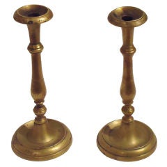 Antique Pair Of Early 19thc Brass Candlestick Holders From New England