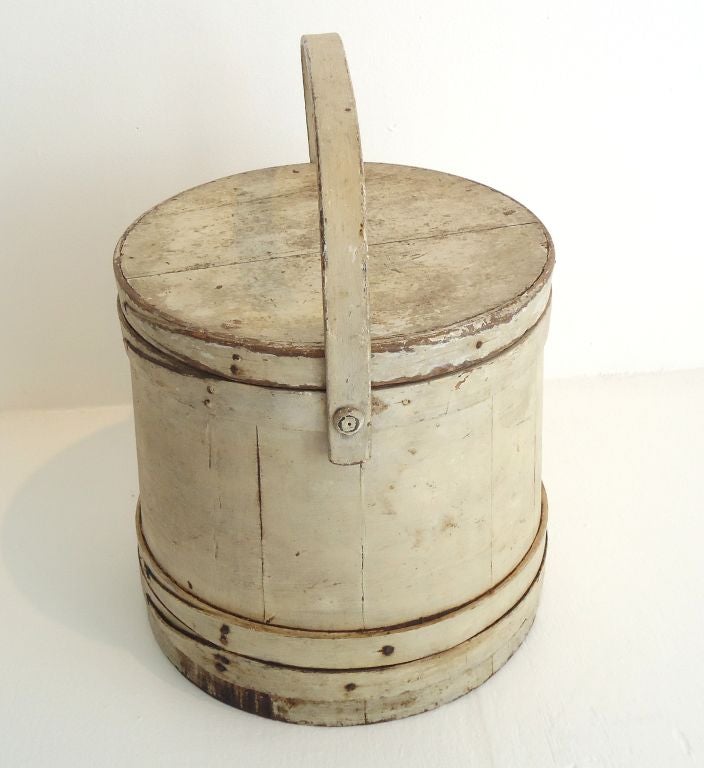 American 19thc Original White Painted Firkin W/lid From New England
