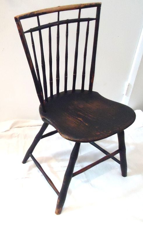 THIS 19THC EARLY ORIGINAL BLACK PAINTED BIRDCAGE WINDSOR SIDE CHAIR IS SIGNED 