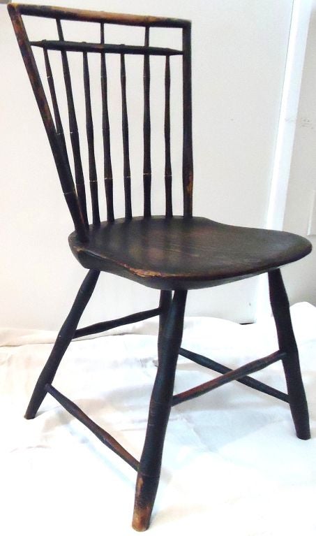 American Fantastic Early 19thc Original Black Painted Windsor Chair