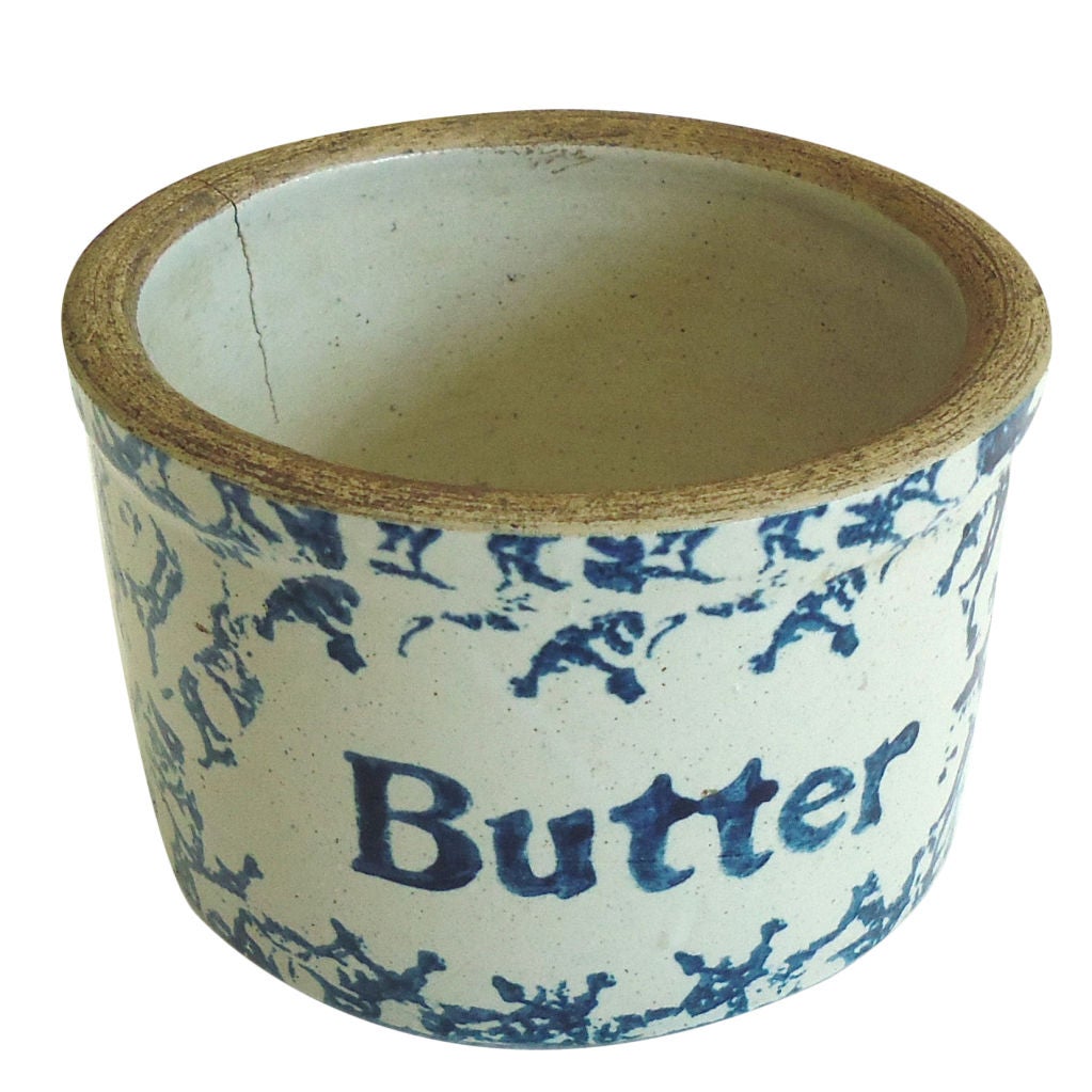 19thc Rare Spongeware Small Butter Crock