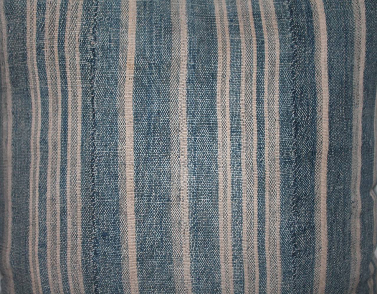 Country Pair of Muted Early 19th Century Blue Linen Ticking Pillows