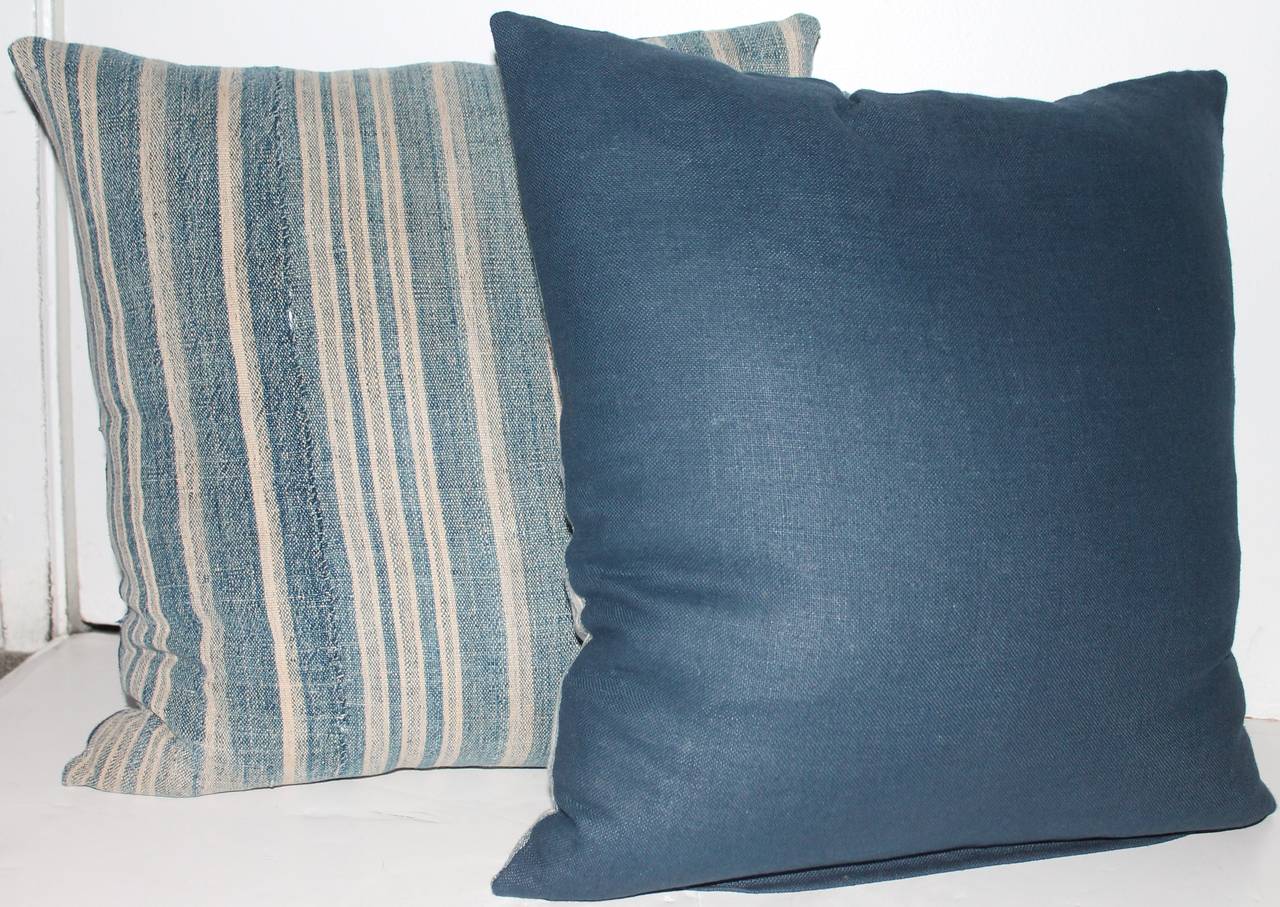 French Pair of Muted Early 19th Century Blue Linen Ticking Pillows