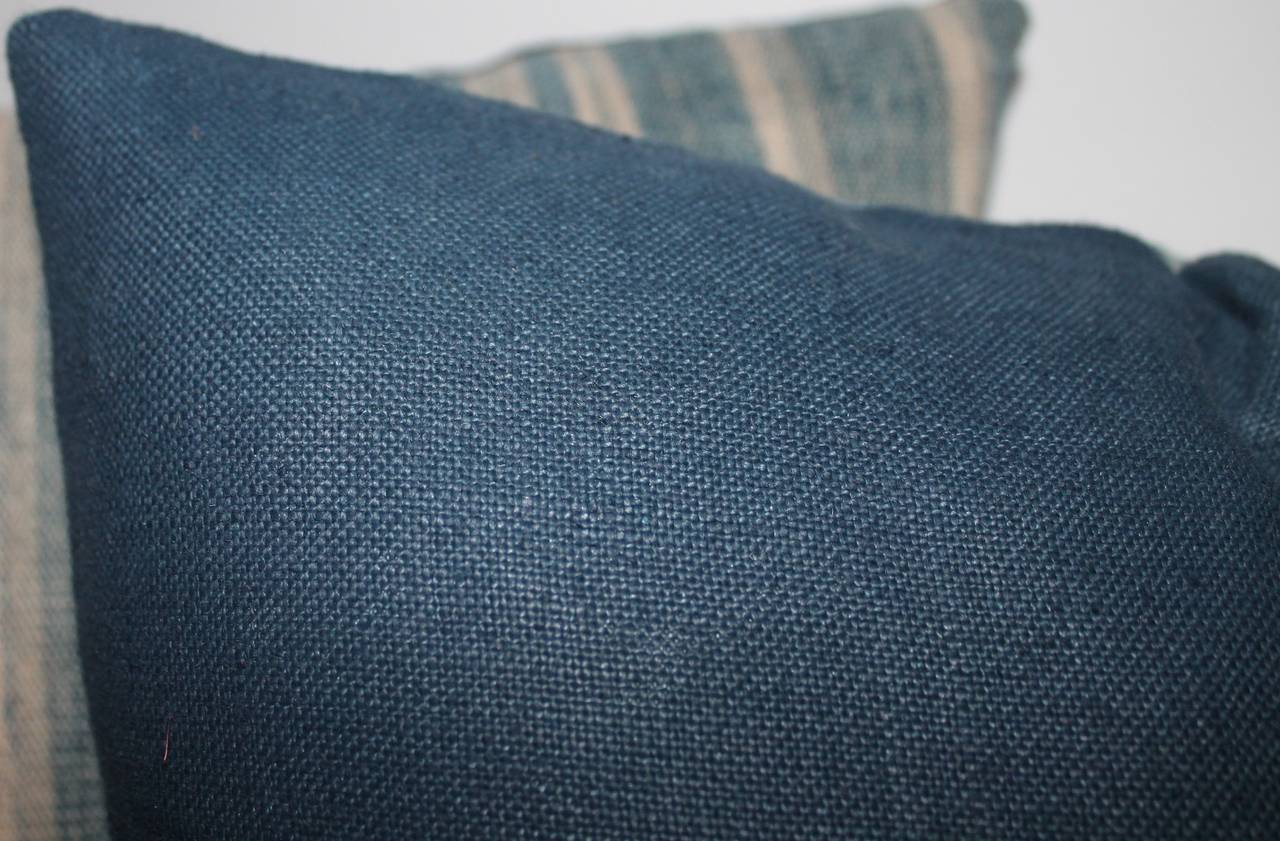 Hand-Woven Pair of Muted Early 19th Century Blue Linen Ticking Pillows