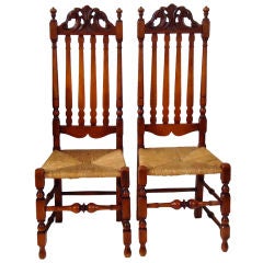 Antique FANTASTIC PAIR OF 18THC NEW ENGLAND BANISTER BACK CHAIRS