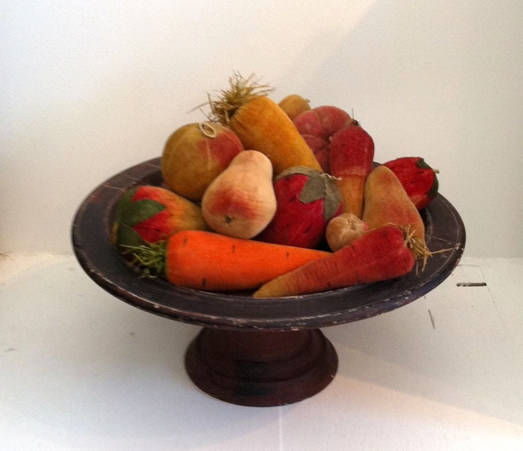 19THC FANTASTIC COLLECTION OF VELVET THEROM FRUIT FROM NEW ENGLAND IN ORIGINAL 19THC RED PAINTED TREEN LIKE COMPOTE.THIS WONDERFUL RARE COLLECTION CONSISTS OF FOURTEEN PIECES OF FRUIT. THERE ARE FOUR CARROTS, THREE STAWBERRIES ,THREE PEARS ,ONE
