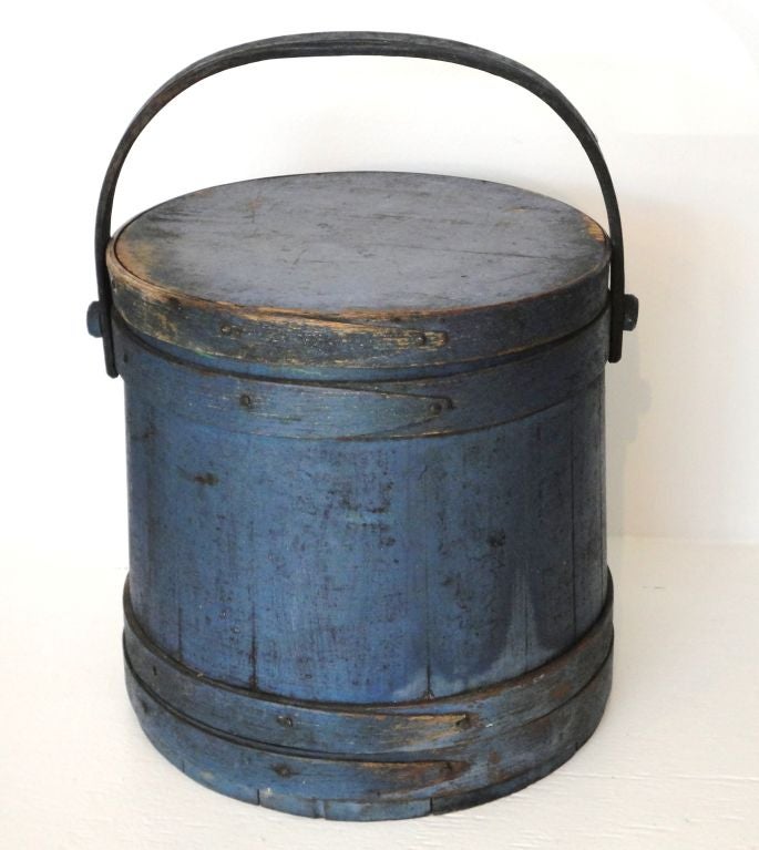 Fantastic 19thc Signed Original Blue Painted Firkin From Maine