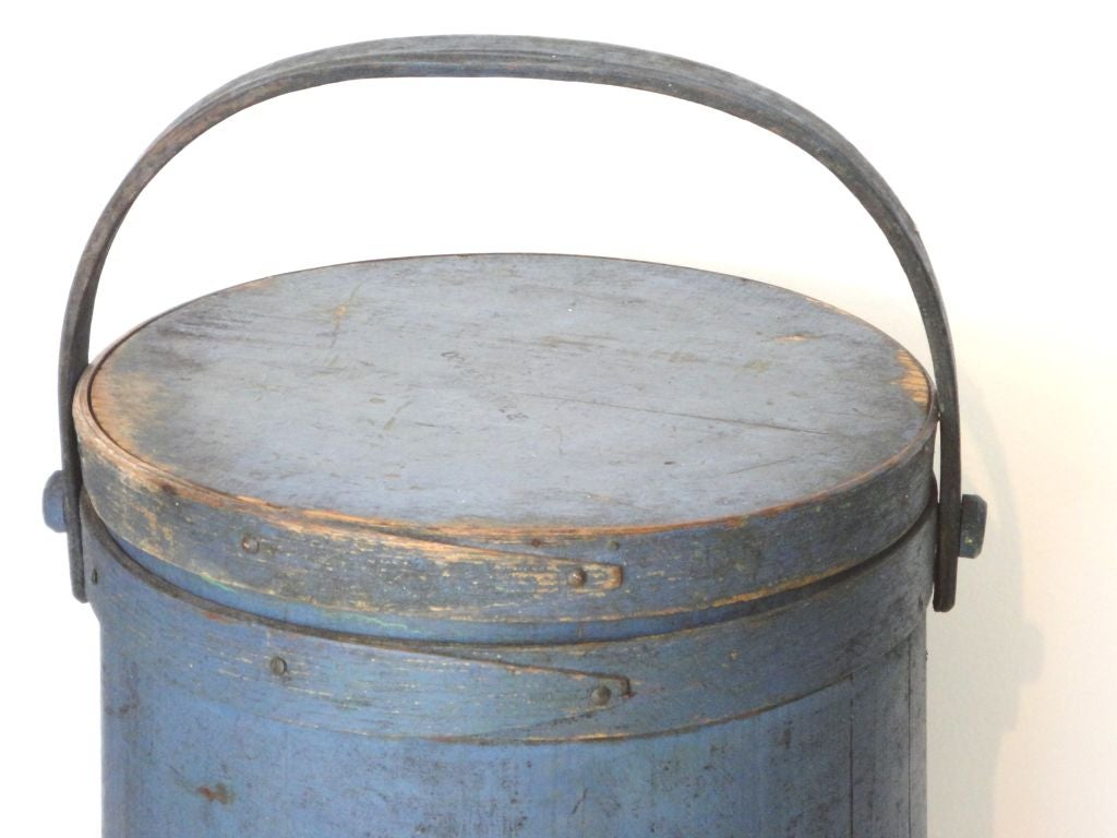 American Fantastic 19thc Signed Original Blue Painted Firkin From Maine