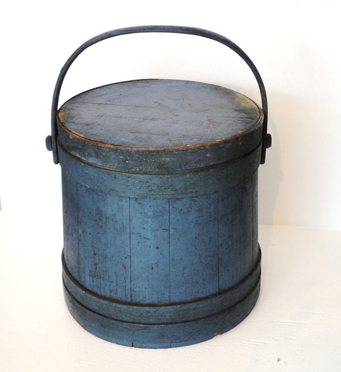 Pine Fantastic 19thc Signed Original Blue Painted Firkin From Maine