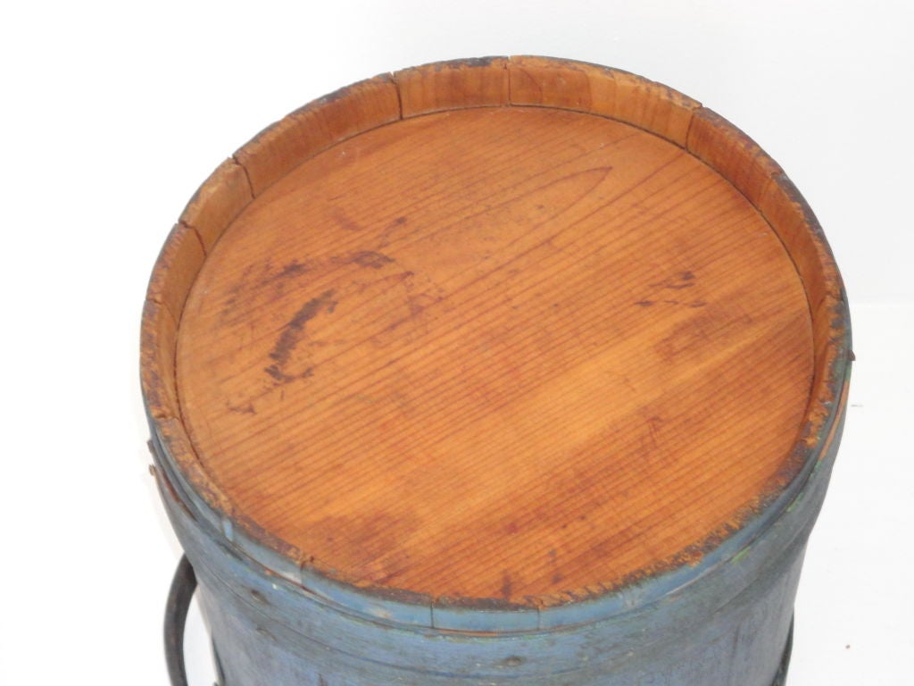 Fantastic 19thc Signed Original Blue Painted Firkin From Maine 3