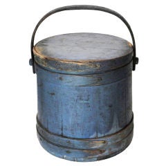 Antique Fantastic 19thc Signed Original Blue Painted Firkin From Maine