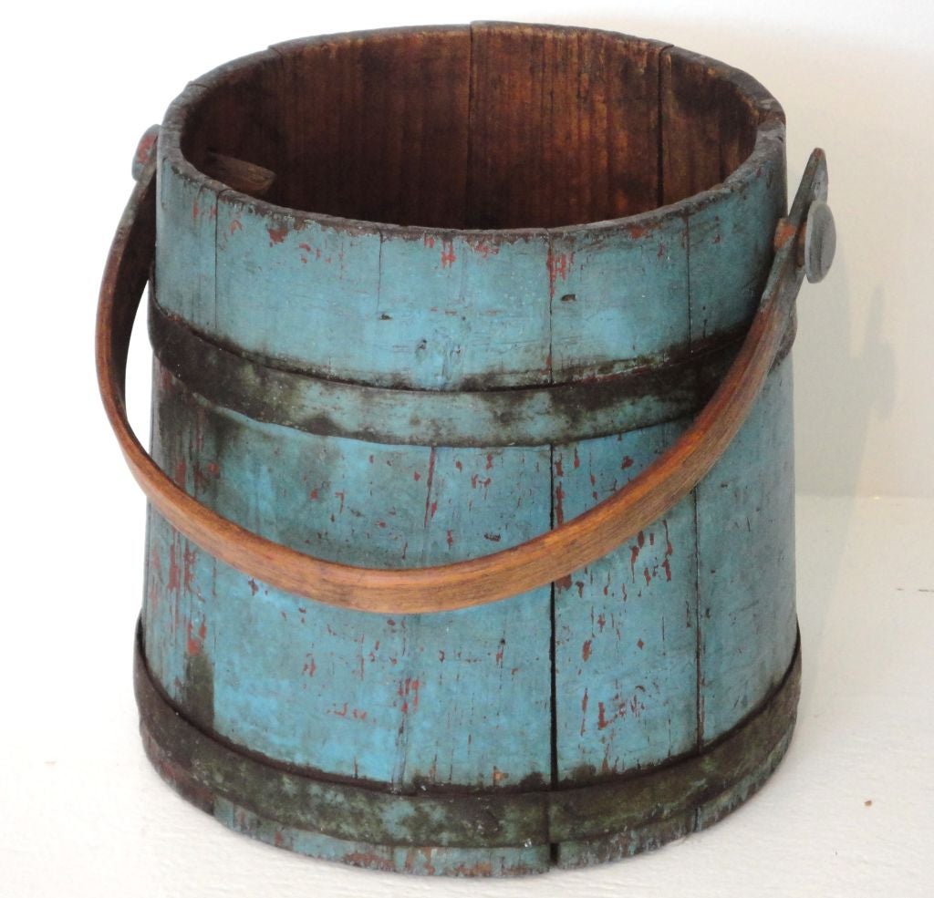 19thc Original Blue Sap/water Bucket W/original Blue Metal Bands