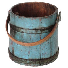 Antique 19thc Original Blue Sap/water Bucket W/original Blue Metal Bands