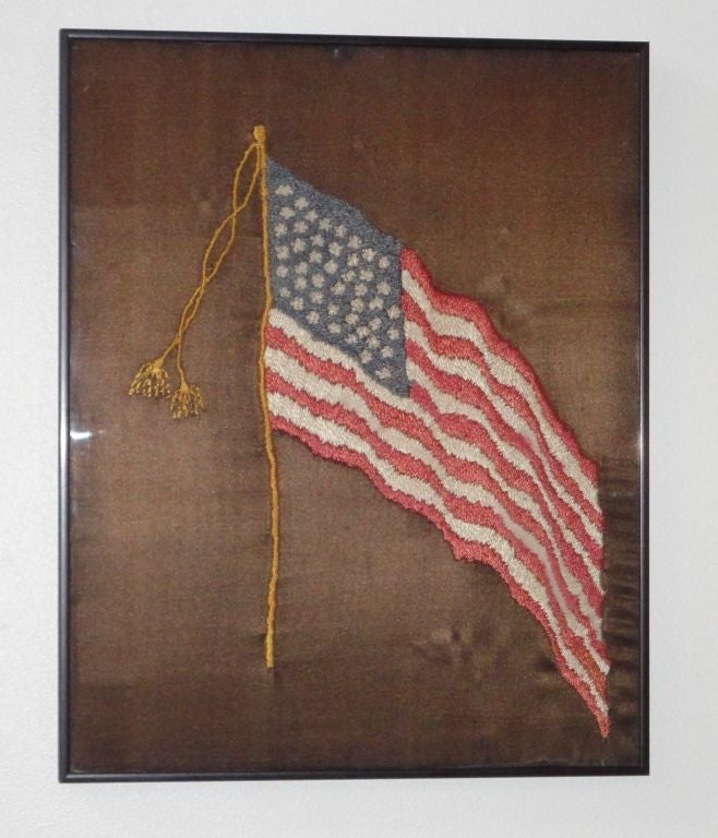 American 19thc Folky Hand Embrodered On Silk 45 Star Flag In Frame