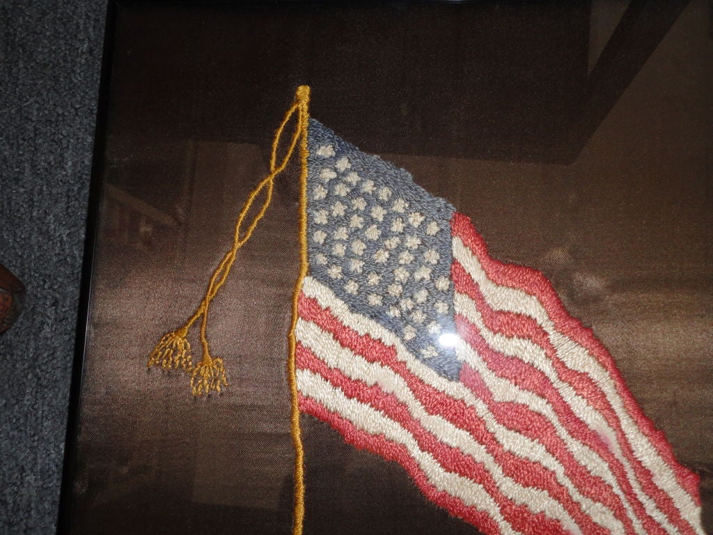 19th Century 19thc Folky Hand Embrodered On Silk 45 Star Flag In Frame