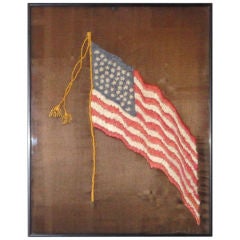 19thc Folky Hand Embrodered On Silk 45 Star Flag In Frame