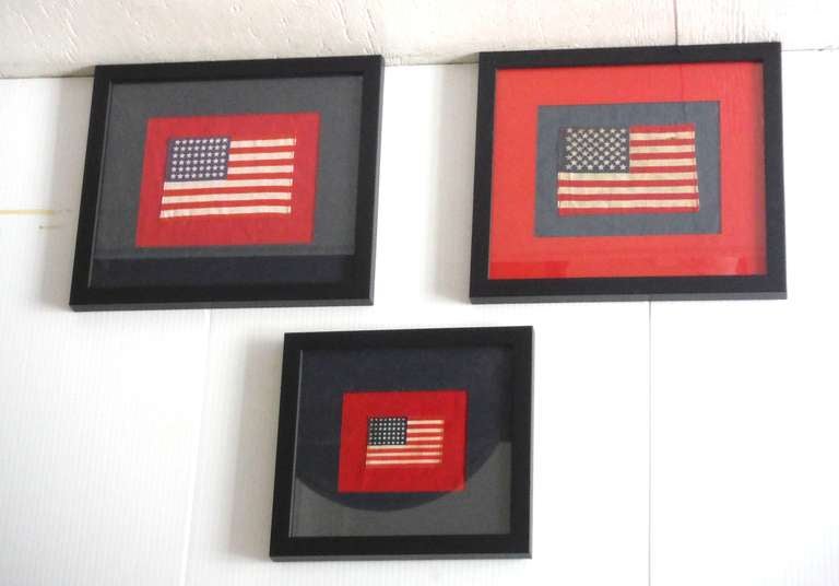 Collection of Three 48 Star Parade Flags Sewn on Linen & Framed