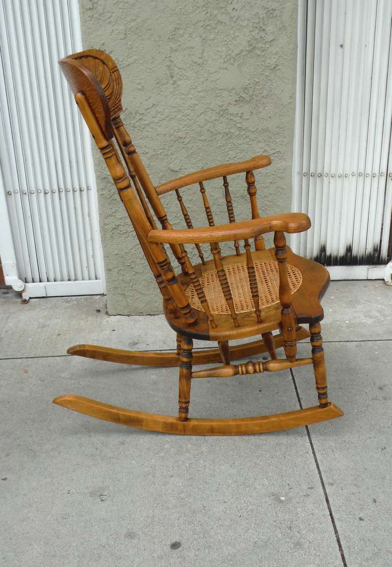 American 19thc Pine & Oak  Victorian Rocking Chair w/ Cane Seat